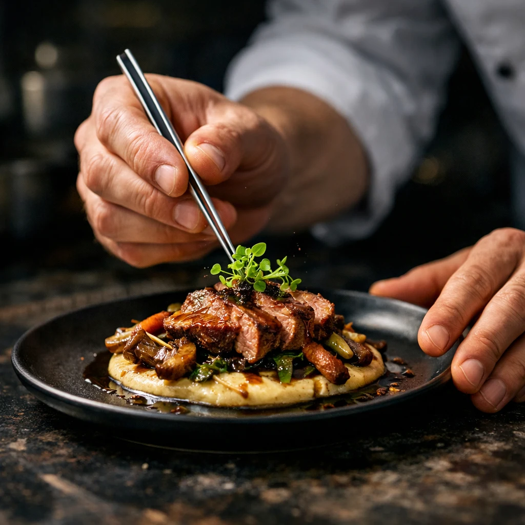A chef placing a micro-herb garnish on a braised beef plate with tweezers