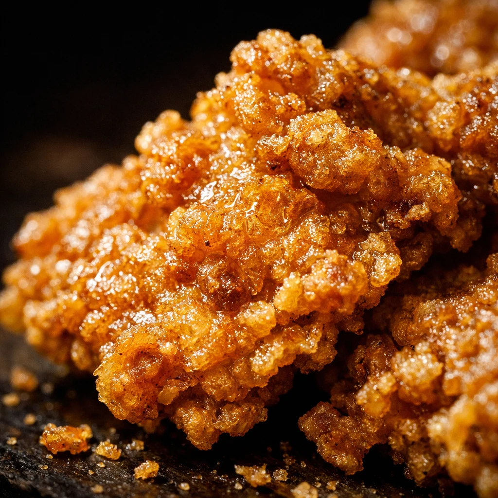 Craggy fried chicken filling the whole frame, close enough to see the batter