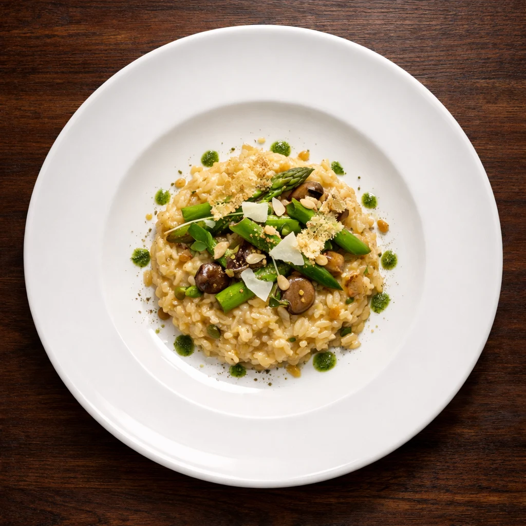 Mushroom and asparagus risotto in the middle of a wide white plate, shot from above
