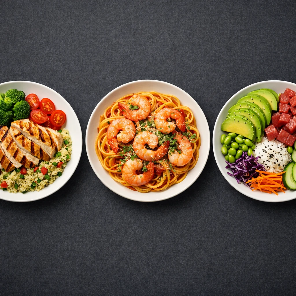 Three bowls - chicken and grains, prawn linguine, and a poke bowl - shot in the same style side by side
