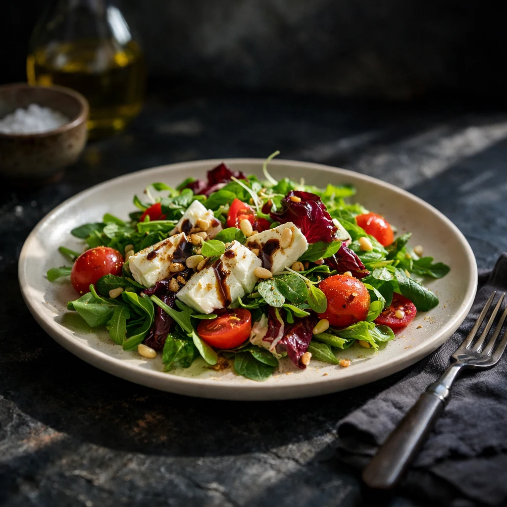 A feta and beetroot salad on a pale plate, with the fork, oil and salt dish left in frame